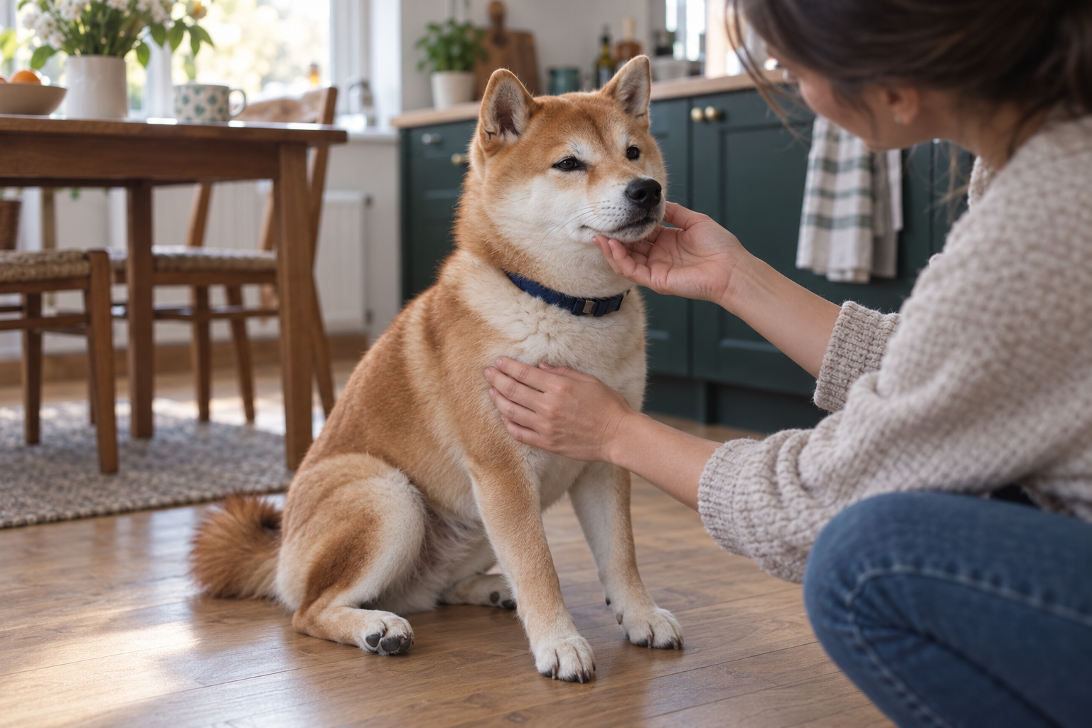 Majiteľka doma kontroluje nos a celkový stav sediaceho psa